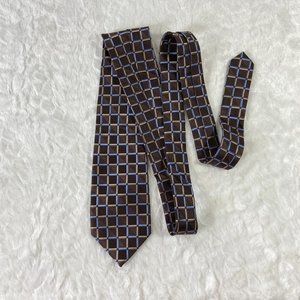 MICHAEL Michael Kors Brown Blue Tan Repeat Square Pattern 100% Silk Necktie Tie